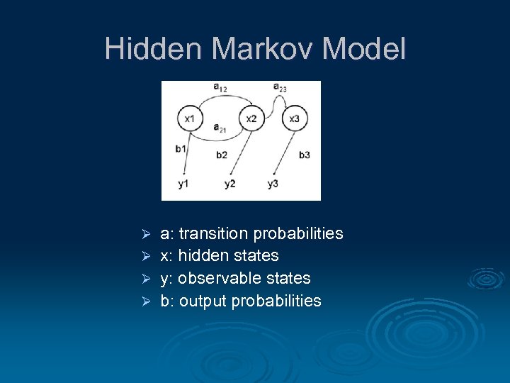 Hidden Markov Model Ø Ø a: transition probabilities x: hidden states y: observable states