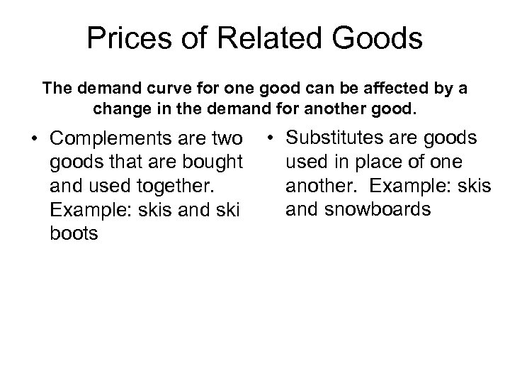 Prices of Related Goods The demand curve for one good can be affected by