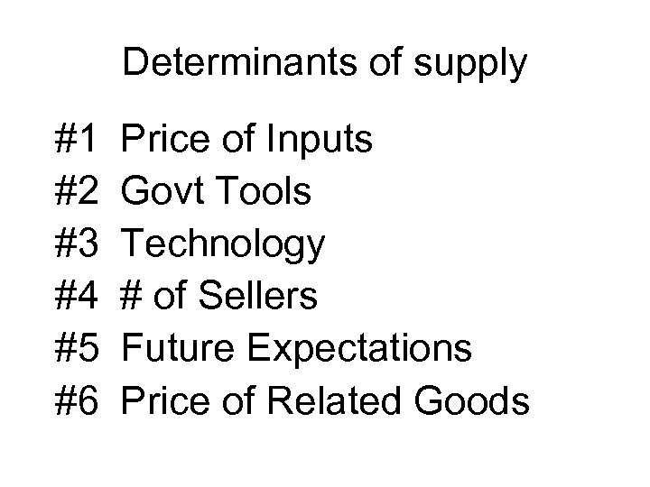 Determinants of supply #1 #2 #3 #4 #5 #6 Price of Inputs Govt Tools