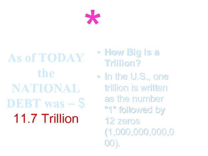 * As of TODAY the NATIONAL DEBT was – $ 11. 7 Trillion •