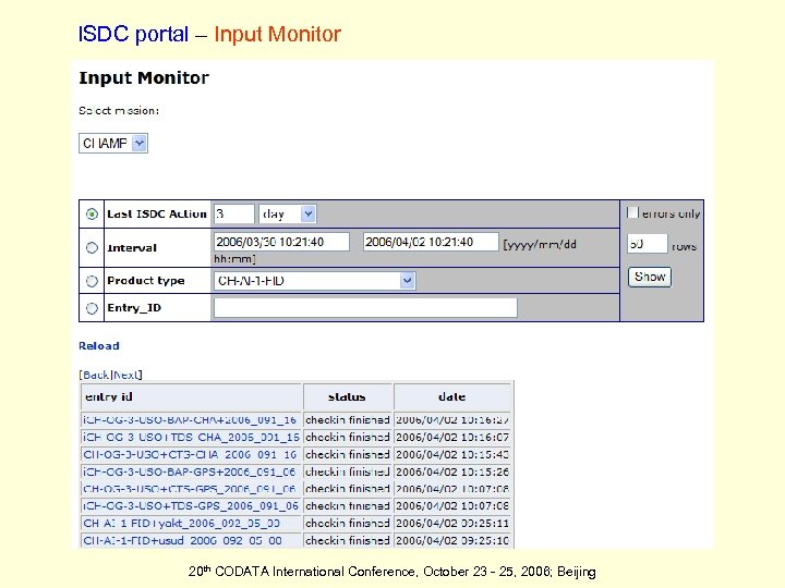 ISDC portal – Input Monitor 20 th CODATA International Conference, October 23 - 25,
