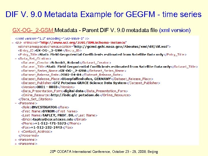 DIF V. 9. 0 Metadata Example for GEGFM - time series GX-OG-_2 -GSM Metadata