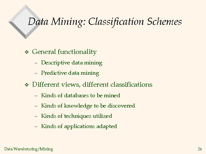 Data Mining: Classification Schemes v General functionality – Descriptive data mining – Predictive data