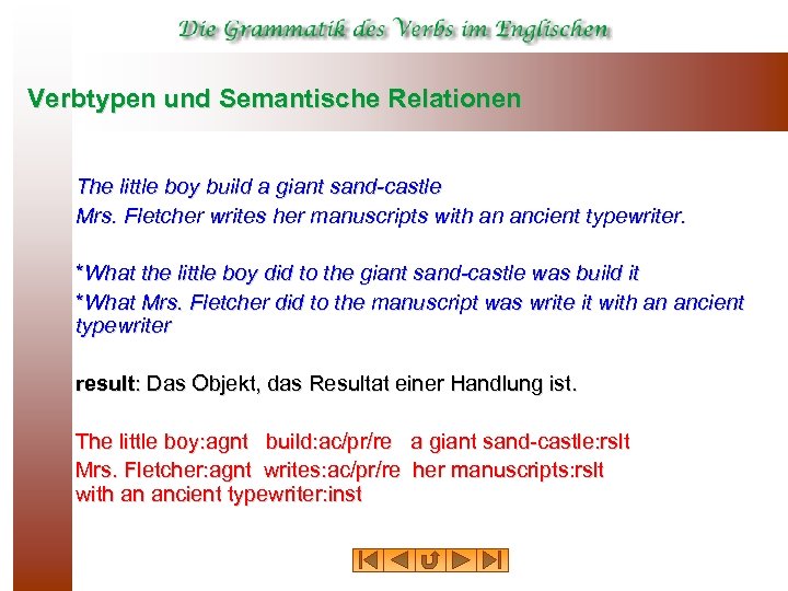 Verbtypen und Semantische Relationen The little boy build a giant sand-castle Mrs. Fletcher writes