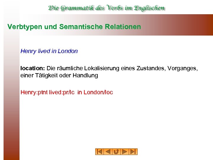 Verbtypen und Semantische Relationen Henry lived in London location: Die räumliche Lokalisierung eines Zustandes,