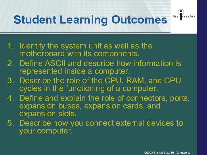 Student Learning Outcomes 1. Identify the system unit as well as the motherboard with