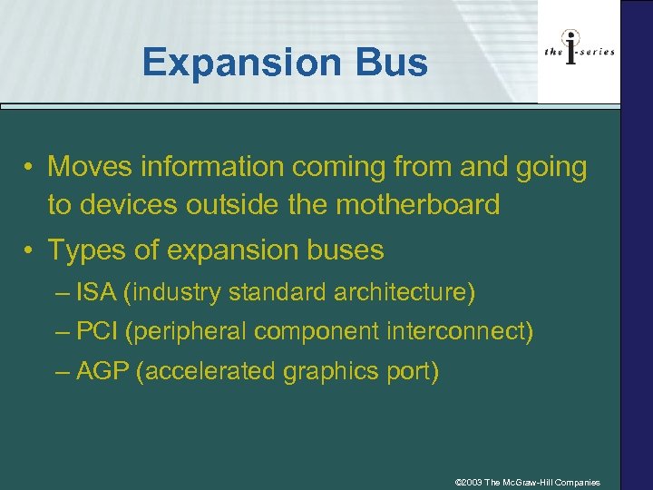 Expansion Bus • Moves information coming from and going to devices outside the motherboard