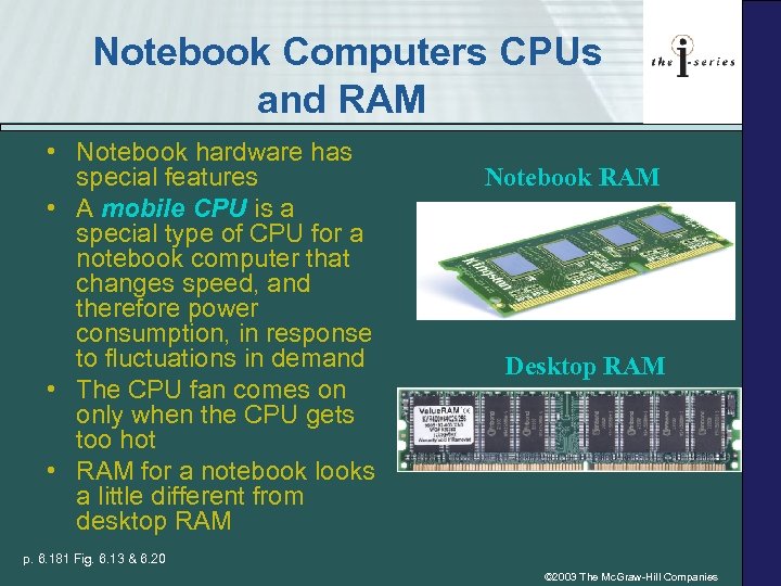Notebook Computers CPUs and RAM • Notebook hardware has special features • A mobile