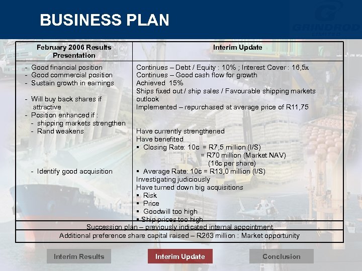 BUSINESS PLAN February 2006 Results Presentation - Good financial position - Good commercial position