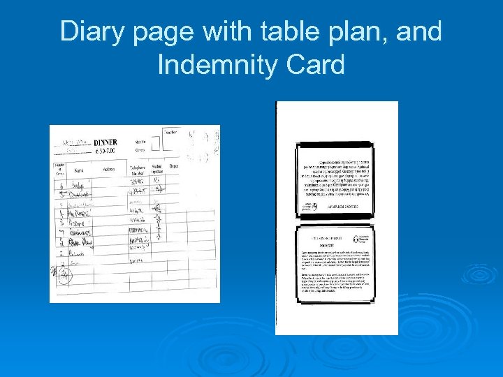 Diary page with table plan, and Indemnity Card 