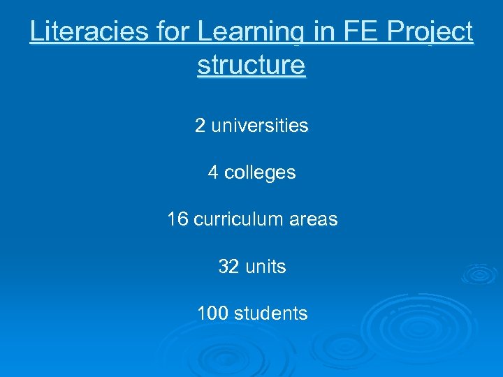 Literacies for Learning in FE Project structure 2 universities 4 colleges 16 curriculum areas