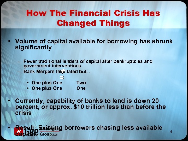 How The Financial Crisis Has Changed Things • Volume of capital available for borrowing