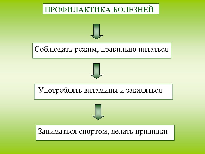 ПРОФИЛАКТИКА БОЛЕЗНЕЙ Соблюдать режим, правильно питаться Употреблять витамины и закаляться Заниматься спортом, делать прививки