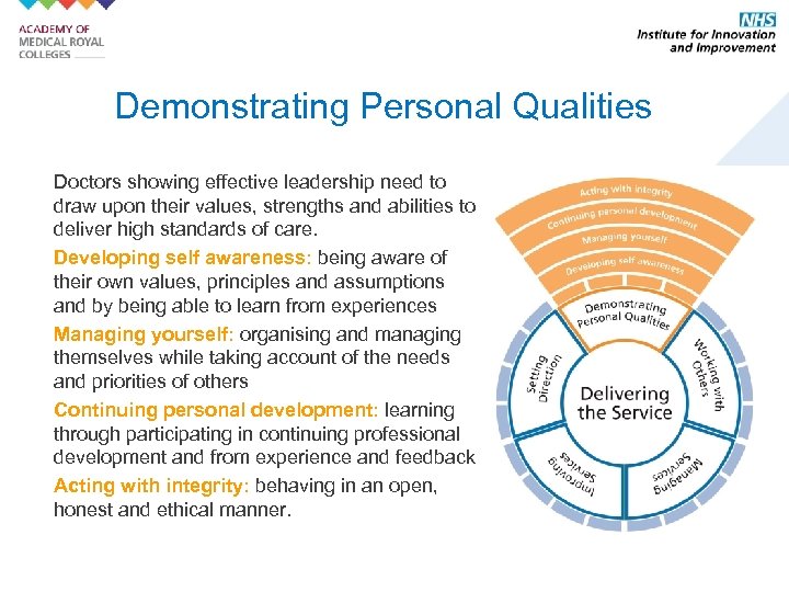 Demonstrating Personal Qualities Doctors showing effective leadership need to draw upon their values, strengths