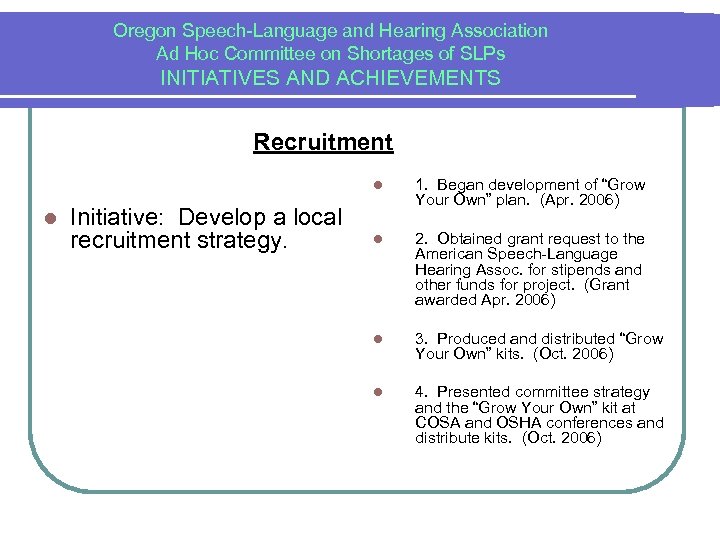 Oregon Speech-Language and Hearing Association Ad Hoc Committee on Shortages of SLPs INITIATIVES AND