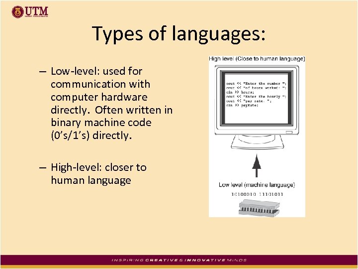 Types of languages: – Low-level: used for communication with computer hardware directly. Often written