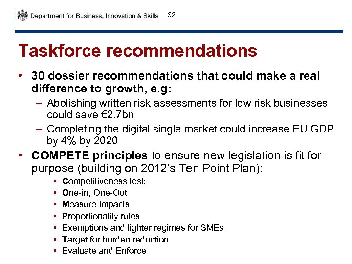 32 Taskforce recommendations • 30 dossier recommendations that could make a real difference to