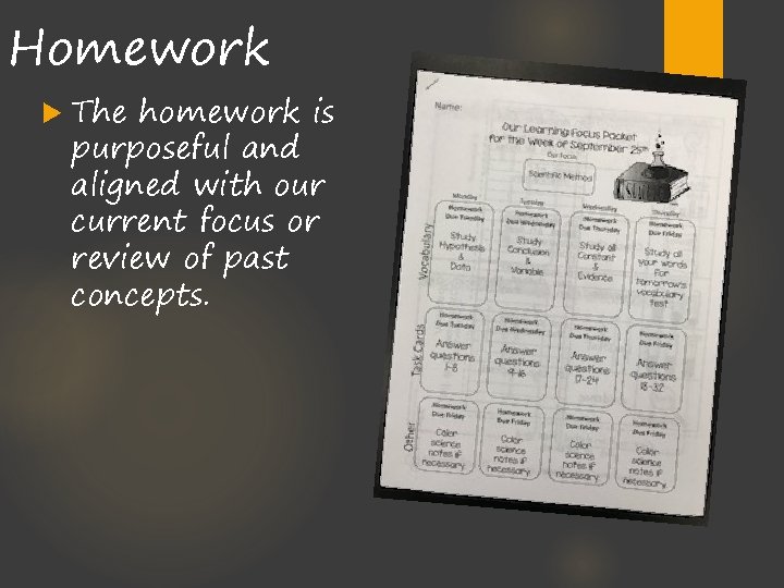 Homework The homework is purposeful and aligned with our current focus or review of