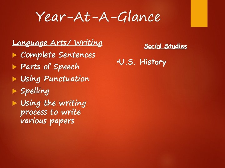 Year-At-A-Glance Language Arts/ Writing Complete Sentences Parts of Speech Using Punctuation Spelling Using the