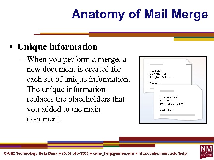 Anatomy of Mail Merge • Unique information – When you perform a merge, a