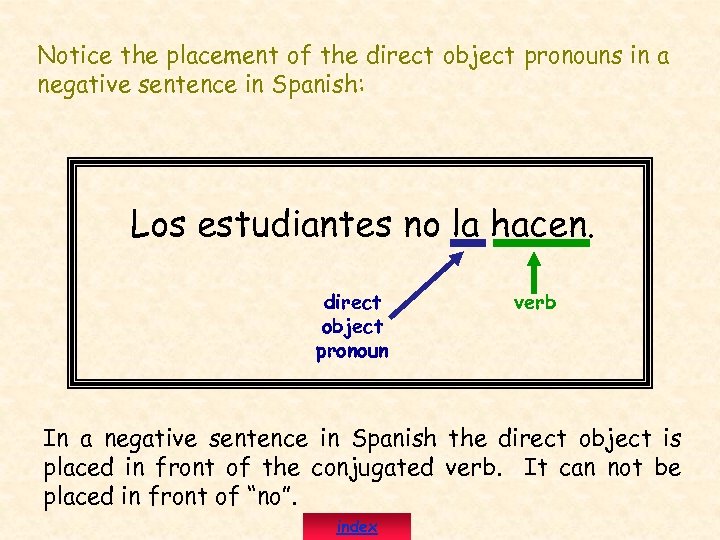 Notice the placement of the direct object pronouns in a negative sentence in Spanish: