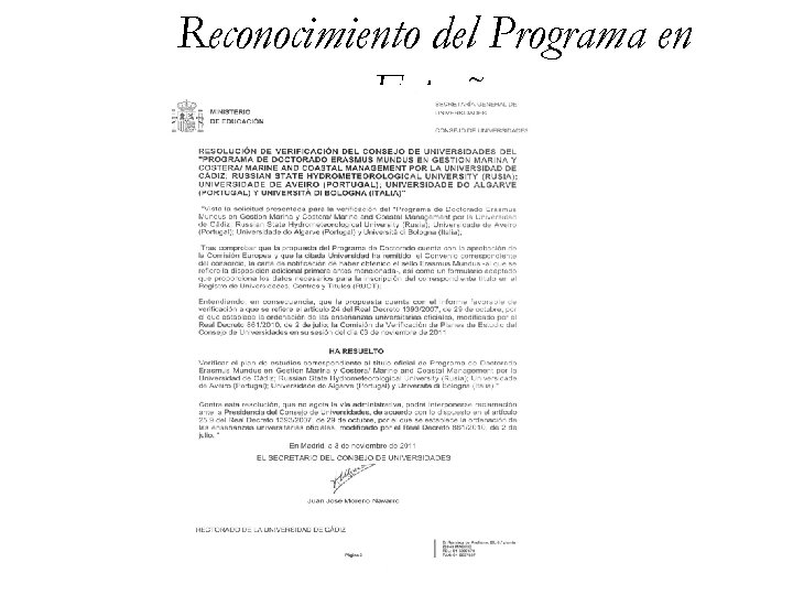 Reconocimiento del Programa en España 