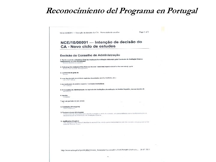 Reconocimiento del Programa en Portugal 