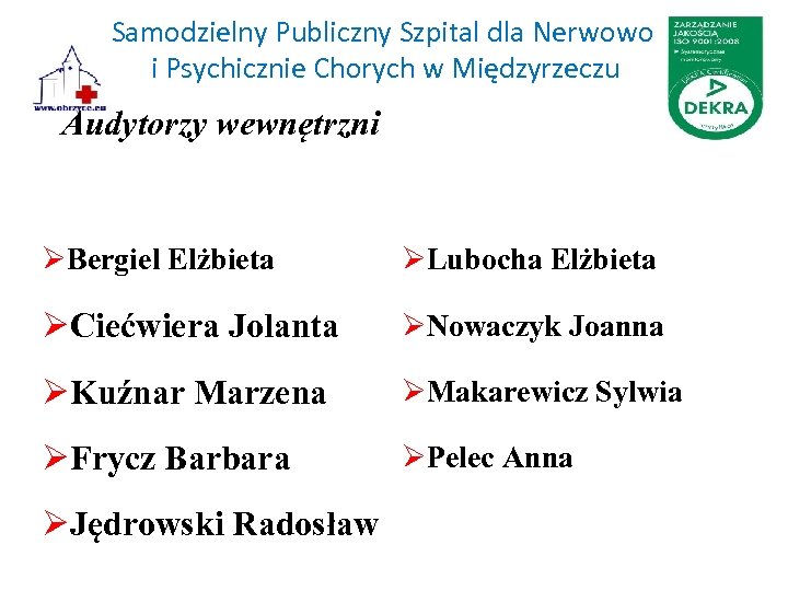 Samodzielny Publiczny Szpital dla Nerwowo i Psychicznie Chorych w Międzyrzeczu Audytorzy wewnętrzni ØBergiel Elżbieta