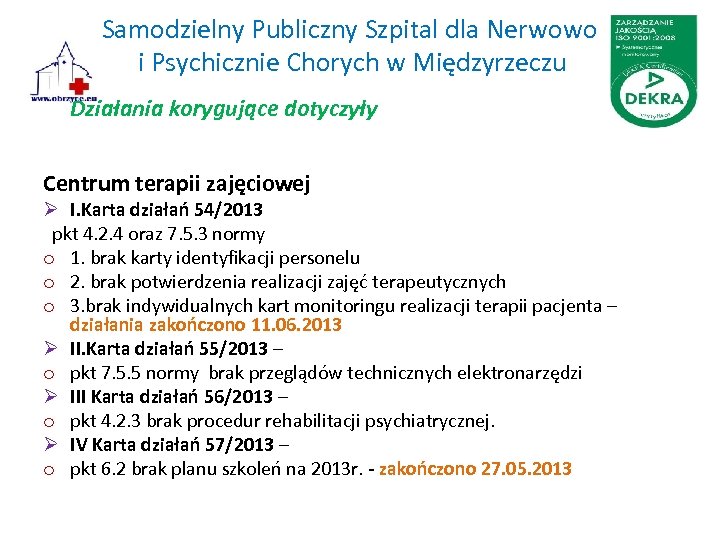 Samodzielny Publiczny Szpital dla Nerwowo i Psychicznie Chorych w Międzyrzeczu Działania korygujące dotyczyły Centrum