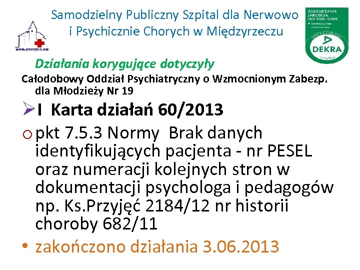 Samodzielny Publiczny Szpital dla Nerwowo i Psychicznie Chorych w Międzyrzeczu Działania korygujące dotyczyły Całodobowy