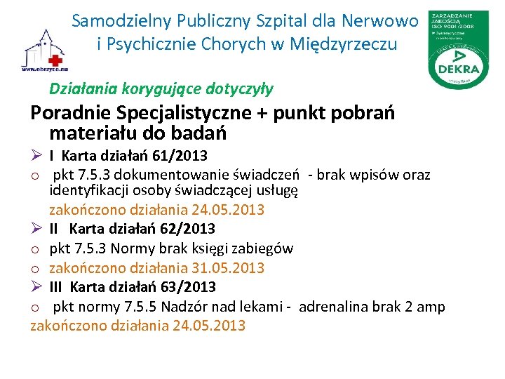 Samodzielny Publiczny Szpital dla Nerwowo i Psychicznie Chorych w Międzyrzeczu Działania korygujące dotyczyły Poradnie