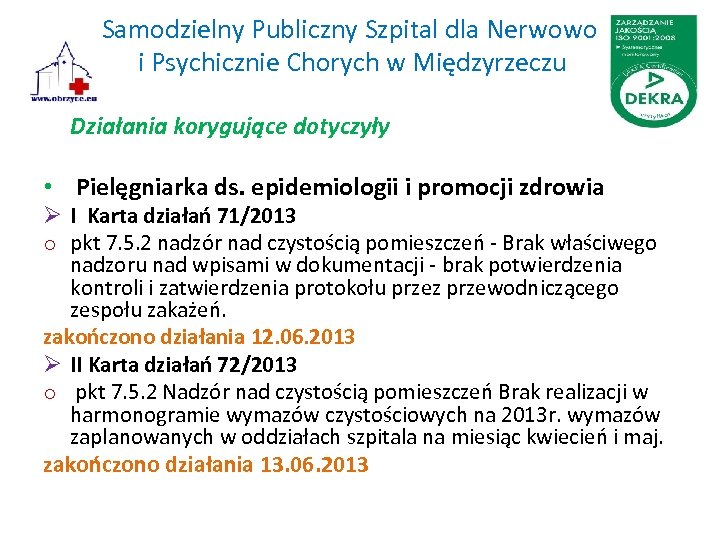 Samodzielny Publiczny Szpital dla Nerwowo i Psychicznie Chorych w Międzyrzeczu Działania korygujące dotyczyły •