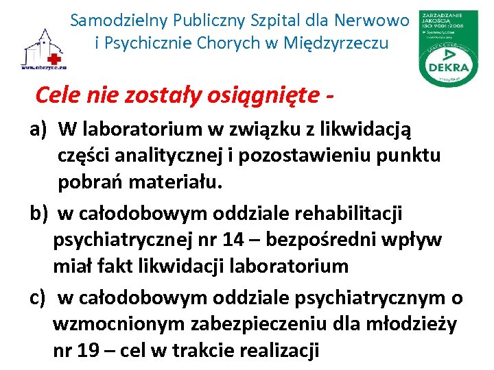 Samodzielny Publiczny Szpital dla Nerwowo i Psychicznie Chorych w Międzyrzeczu Cele nie zostały osiągnięte