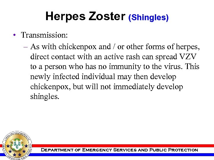 Herpes Zoster (Shingles) • Transmission: – As with chickenpox and / or other forms