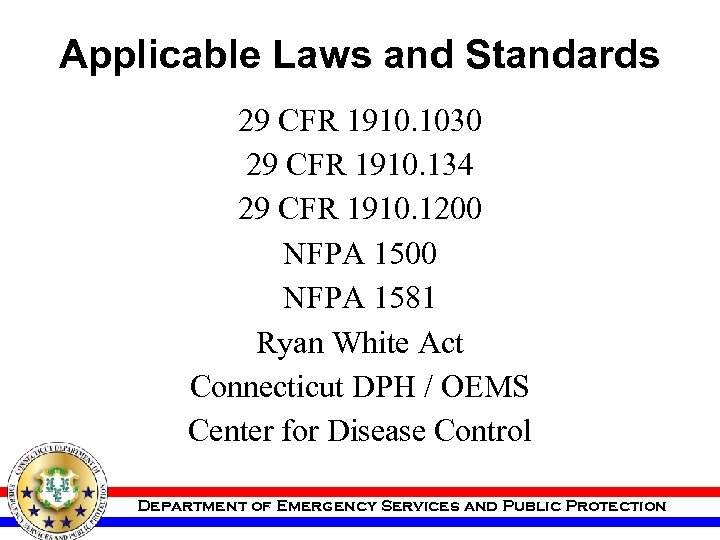 Applicable Laws and Standards 29 CFR 1910. 1030 29 CFR 1910. 134 29 CFR