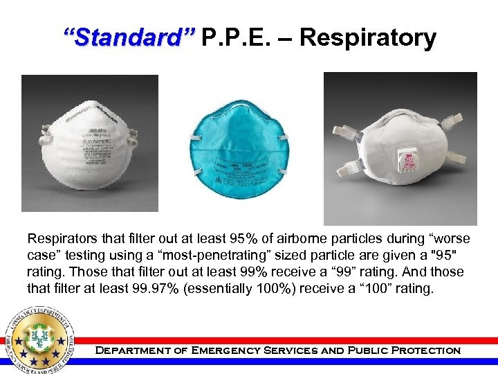 “Standard” P. P. E. – Respiratory Respirators that filter out at least 95% of