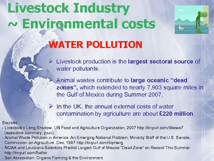 Livestock Industry ~ Environmental costs WATER POLLUTION Ø Livestock production is the largest sectoral