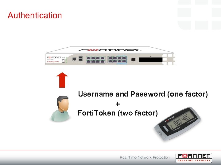 Authentication Username and Password (one factor) + Forti. Token (two factor) 