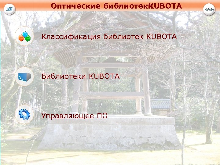Оптические библиотеки KUBOTA Классификация библиотек KUBOTA Библиотеки KUBOTA Управляющее ПО 