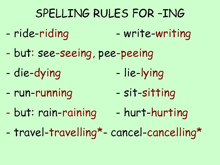 SPELLING RULES FOR –ING - ride-riding - write-writing - but: see-seeing, pee-peeing - die-dying