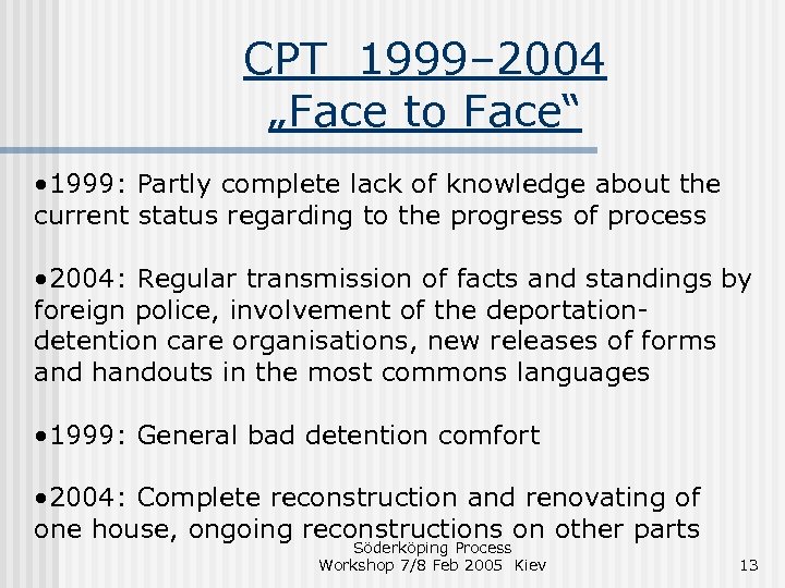 CPT 1999– 2004 „Face to Face“ • 1999: Partly complete lack of knowledge about