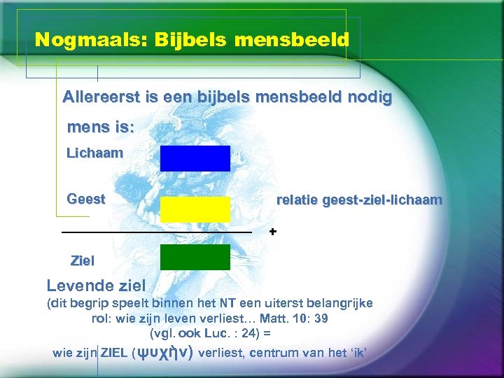 Nogmaals: Bijbels mensbeeld Allereerst is een bijbels mensbeeld nodig mens is: Lichaam Geest relatie