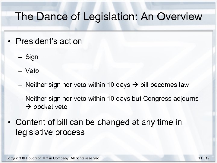 The Dance of Legislation: An Overview • President’s action – Sign – Veto –