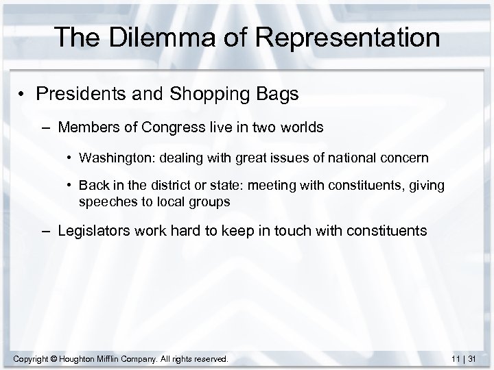 The Dilemma of Representation • Presidents and Shopping Bags – Members of Congress live