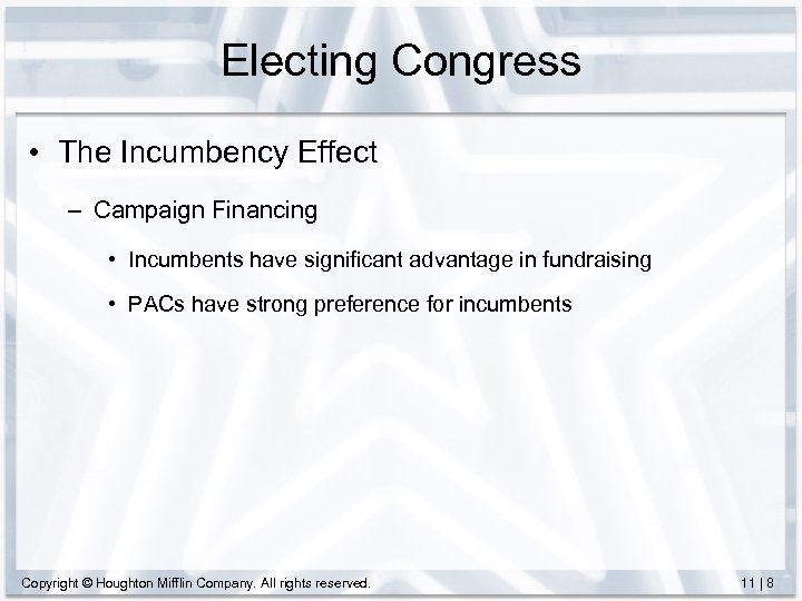 Electing Congress • The Incumbency Effect – Campaign Financing • Incumbents have significant advantage