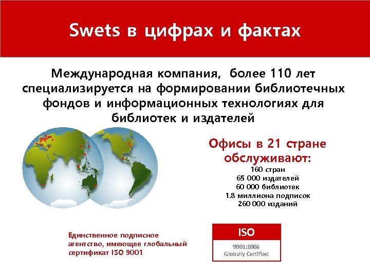 Swets в цифрах и фактах Международная компания, более 110 лет специализируется на формировании библиотечных