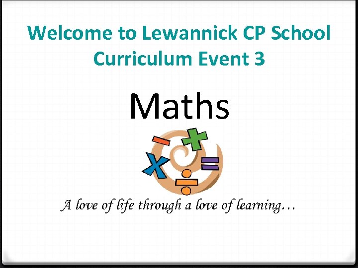 Welcome to Lewannick CP School Curriculum Event 3 Maths A love of life through