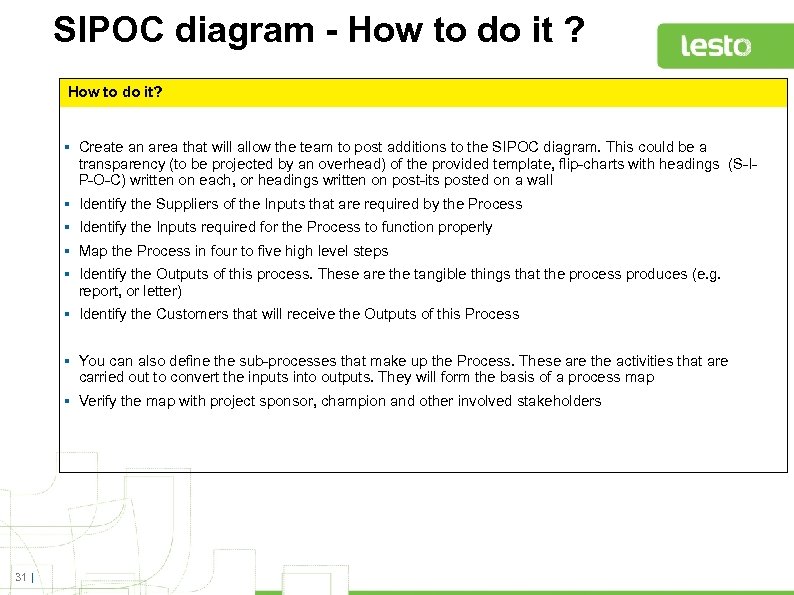SIPOC diagram - How to do it ? How to do it? § Create