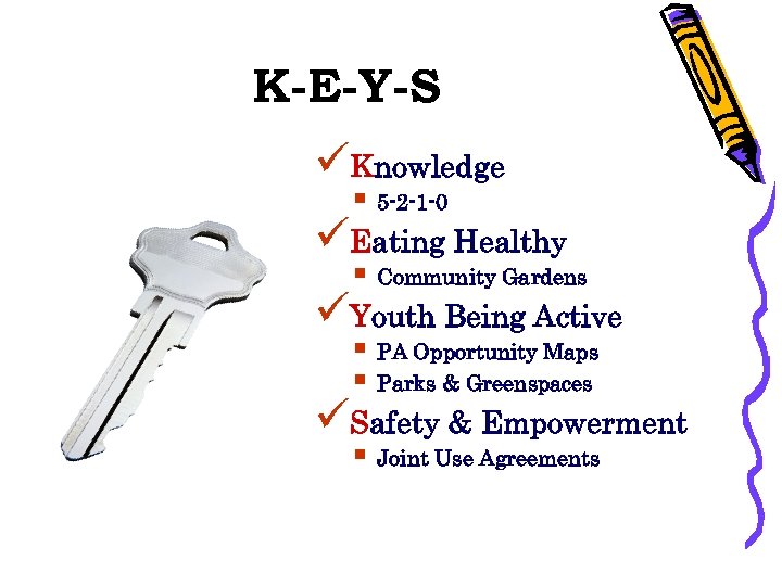 K-E-Y-S üKnowledge § 5 -2 -1 -0 üEating Healthy § Community Gardens üYouth Being