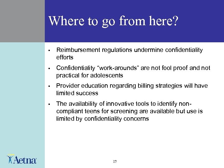 Where to go from here? § Reimbursement regulations undermine confidentiality efforts § Confidentiality “work-arounds”